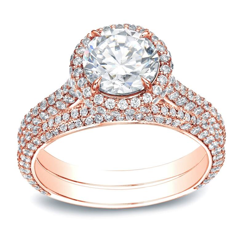 Auriya 2 5/8cttw Pave Halo Diamond Engagement Ring Set 14K Gold - Rose - 6.5
