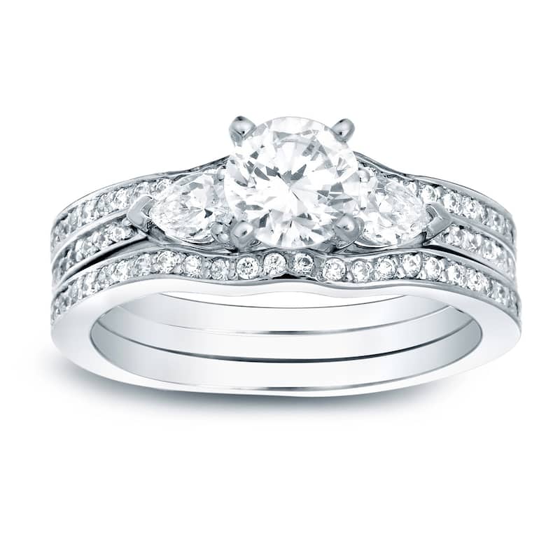 Auriya 14K Gold 1 1/4ct TW 3-Stone Diamond Engagement Ring 3-piece Bridal Set - 9 - White