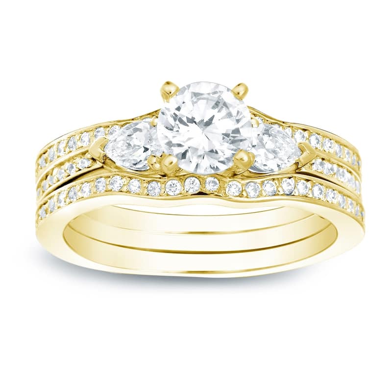 Auriya 14K Gold 1 1/4ct TW 3-Stone Diamond Engagement Ring 3-piece Bridal Set - 6 - Yellow