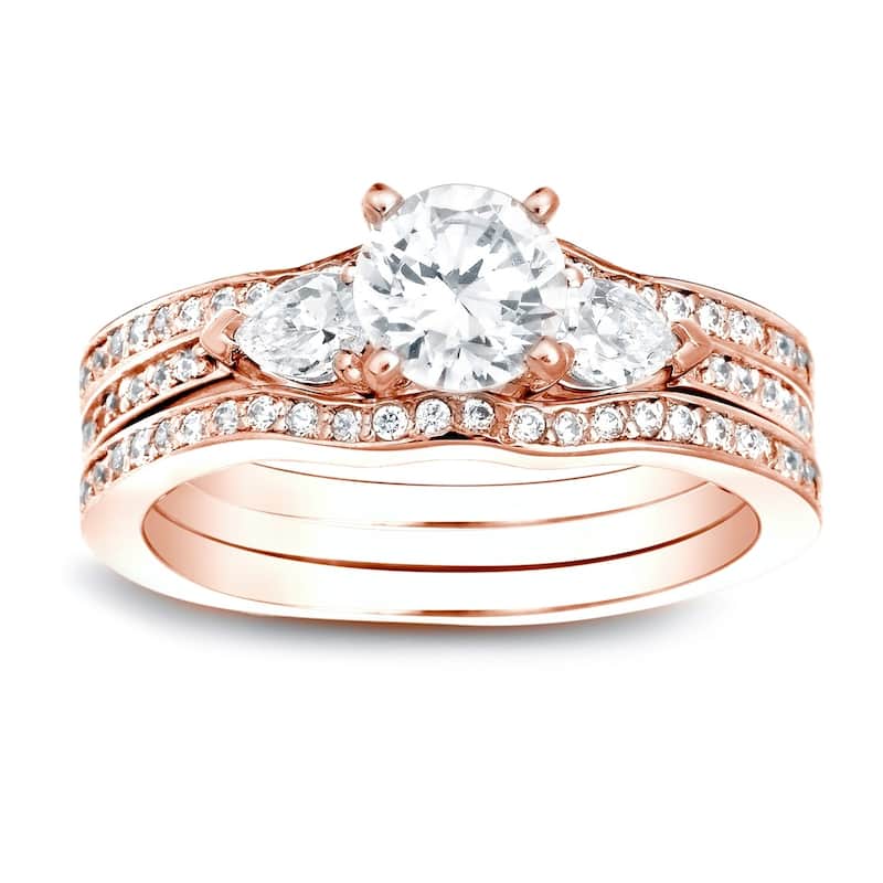 Auriya 14K Gold 1 1/4ct TW 3-Stone Diamond Engagement Ring 3-piece Bridal Set - 6.5 - Rose