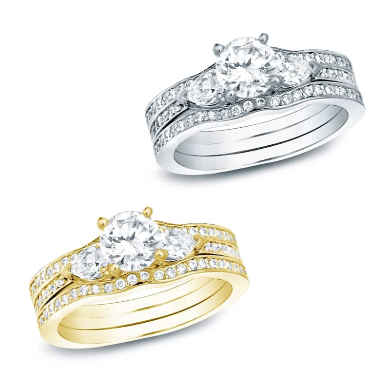 Auriya 14K Gold 1 1/4ct TW 3-Stone Diamond Engagement Ring 3-piece Bridal Set