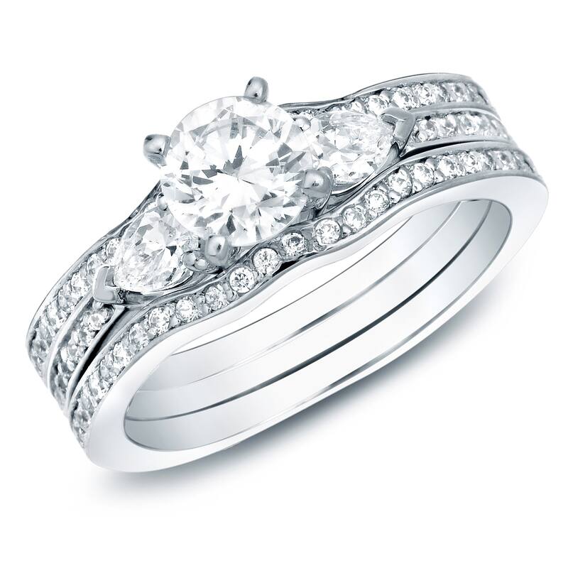 Auriya 14K Gold 1 1/4ct TW 3-Stone Diamond Engagement Ring 3-piece Bridal Set