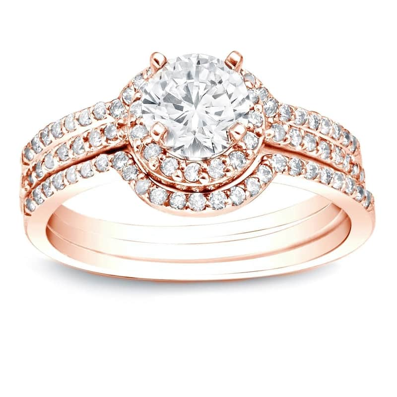 Auriya 14k Gold 1 1/5ctw Round Halo Diamond Engagement Ring 3-Piece Bridal Set - 4 - Rose