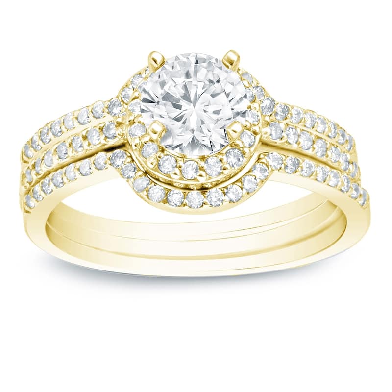 Auriya 14k Gold 1 1/5ctw Round Halo Diamond Engagement Ring 3-Piece Bridal Set - 9 - Yellow