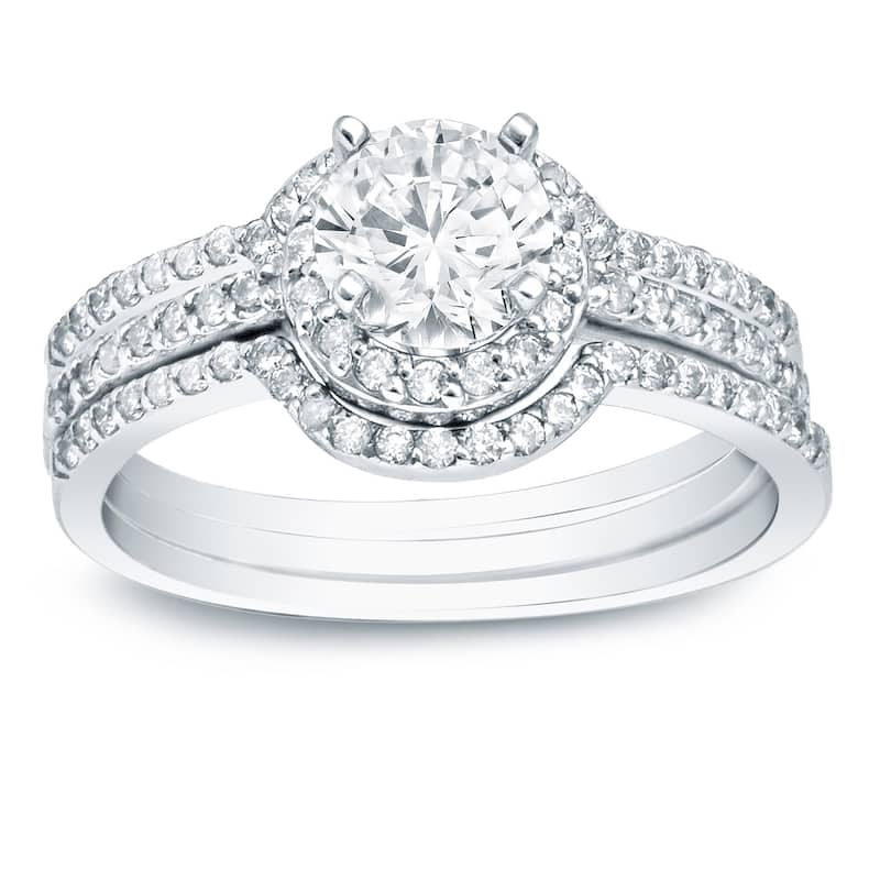 Auriya 14k Gold 1 1/5ctw Round Halo Diamond Engagement Ring 3-Piece Bridal Set - 8 - White