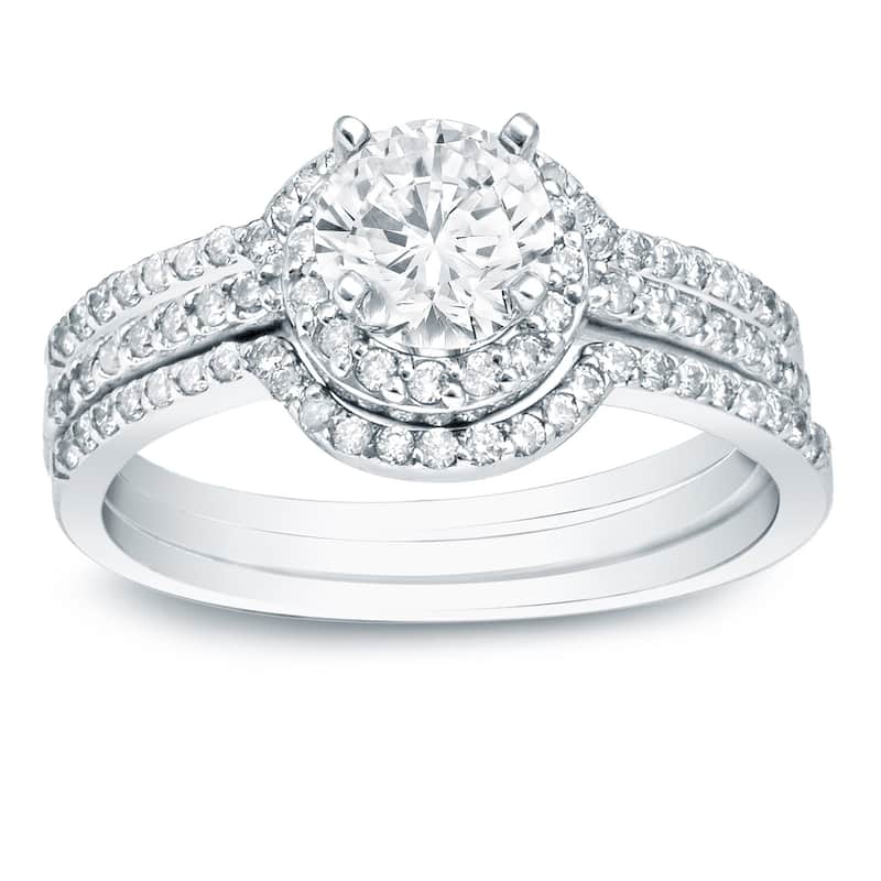 Auriya 14k Gold 1 1/5ctw Round Halo Diamond Engagement Ring 3-Piece Bridal Set - 9.5 - White