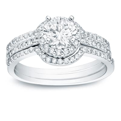 Auriya 14k Gold 1 1/5ctw Round Halo Diamond Engagement Ring 3-Piece Bridal Set