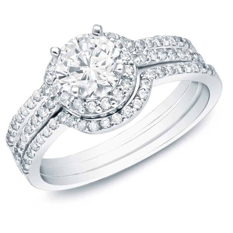 Auriya 14k Gold 1 1/5ctw Round Halo Diamond Engagement Ring 3-Piece Bridal Set