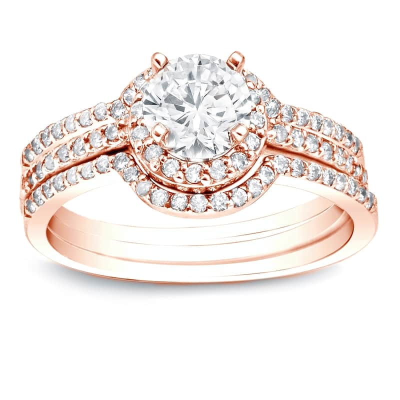 Auriya 14k Gold 1 1/5ctw Round Halo Diamond Engagement Ring 3-Piece Bridal Set - 9.5 - Rose