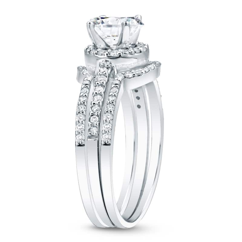 Auriya 14k Gold 1 1/5ctw Round Halo Diamond Engagement Ring 3-Piece Bridal Set
