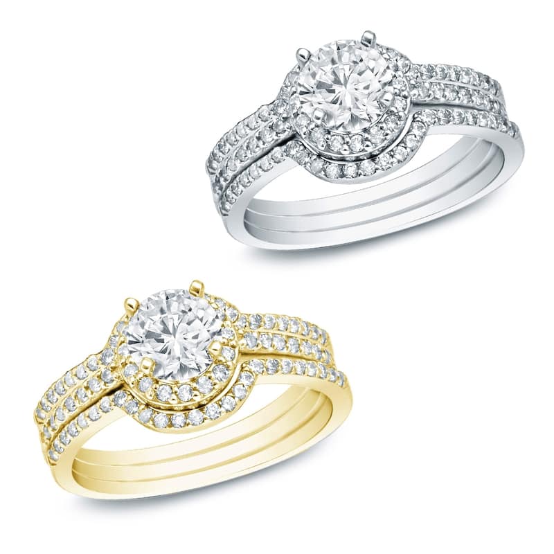 Auriya 1 1/4ctw Round Diamond Halo Engagement Ring and Wedding Band 3-Pc. Set 14k Gold