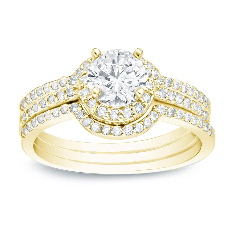 Auriya 1 1/4ctw Round Diamond Halo Engagement Ring and Wedding Band 3-Pc. Set 14k Gold