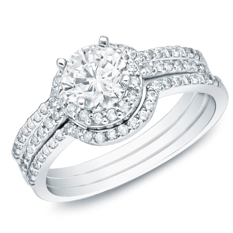 Auriya 1 1/4ctw Round Diamond Halo Engagement Ring and Wedding Band 3-Pc. Set 14k Gold