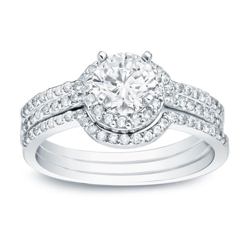 Auriya 1 1/4ctw Round Diamond Halo Engagement Ring and Wedding Band 3-Pc. Set 14k Gold