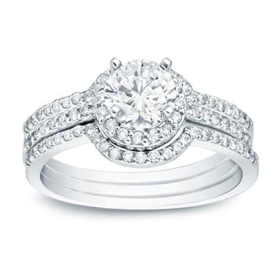 Auriya 1 1/4ctw Round Diamond Halo Engagement Ring and Wedding Band 3-Pc. Set 14k Gold