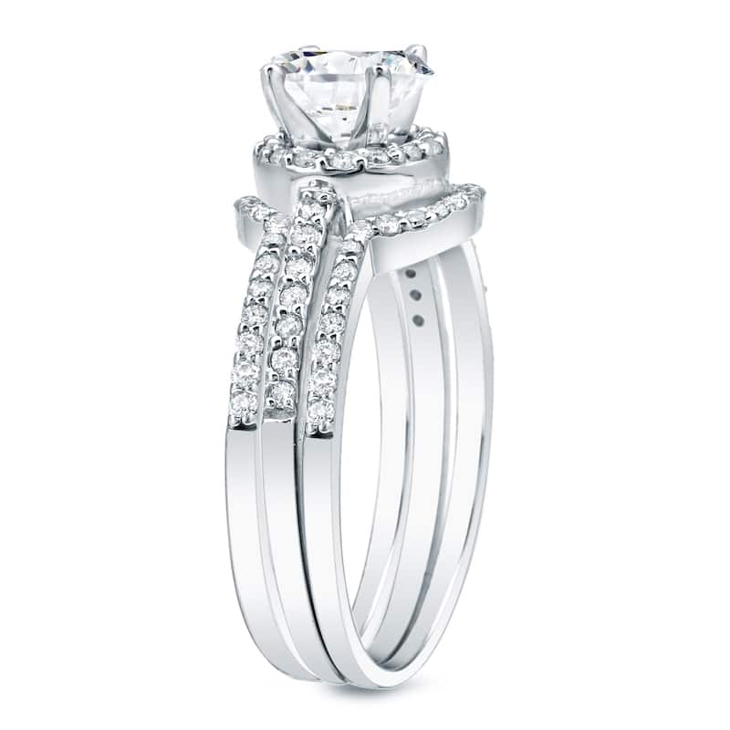 Auriya 1 1/4ctw Round Diamond Halo Engagement Ring and Wedding Band 3-Pc. Set 14k Gold