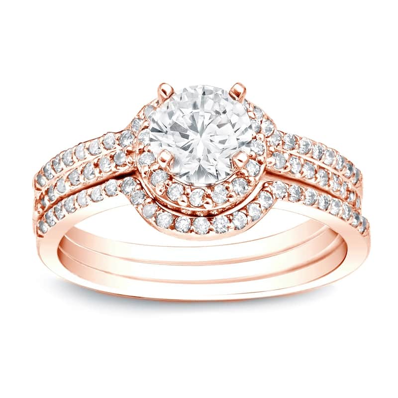 Auriya 1 1/4ctw Round Diamond Halo Engagement Ring and Wedding Band 3-Pc. Set 14k Gold