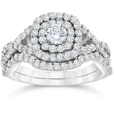 Pompeii3 10k White Gold 1 1/10 ct TDW Cushion Halo Diamond Engagement Ring Set (I-J,I2-I3)