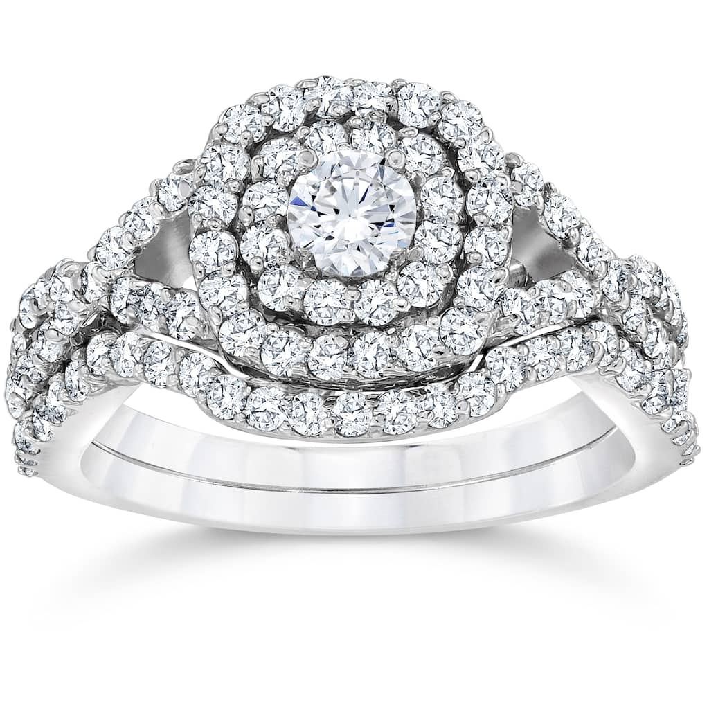 Pompeii3 10k White Gold 1 1/10 ct TDW Cushion Halo Diamond Engagement Ring Set (I-J,I2-I3)