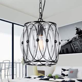 Isteppa 1-Light 8-Inch Black Metal and Glass Drum Pendant