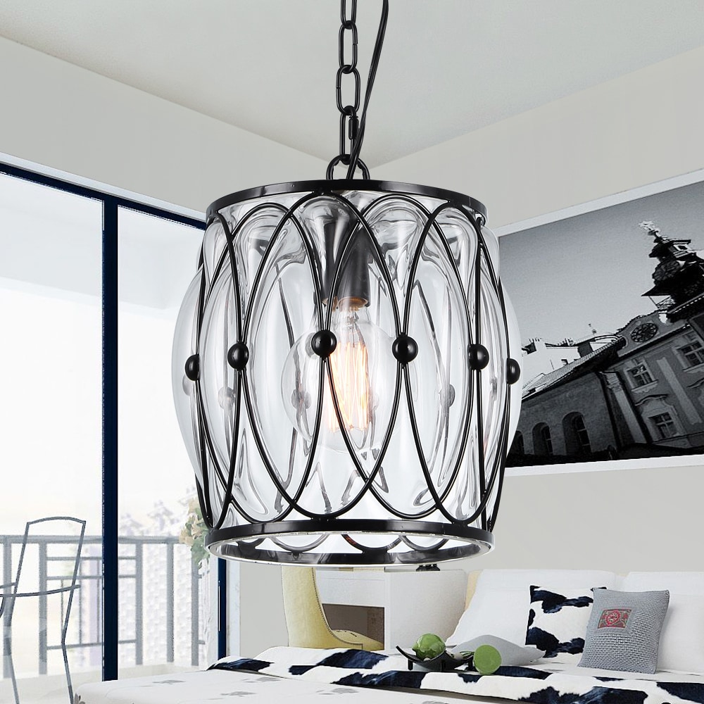 Warehouse of Tiffany Isteppa 1-Light 8-Inch Black Metal and Glass Drum Pendant