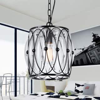 Isteppa 1-Light 8-Inch Black Metal and Glass Drum Pendant