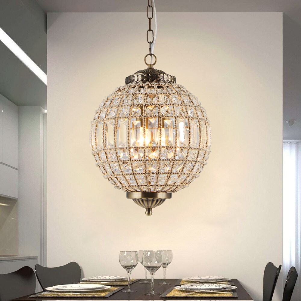 Gaskara 3-light 9-inch Crystal Antique Gold Globe Pendant (9-Inch Crystal Antique Gold Pendant) - Chandeliers For Bedrooms by Overstock.com