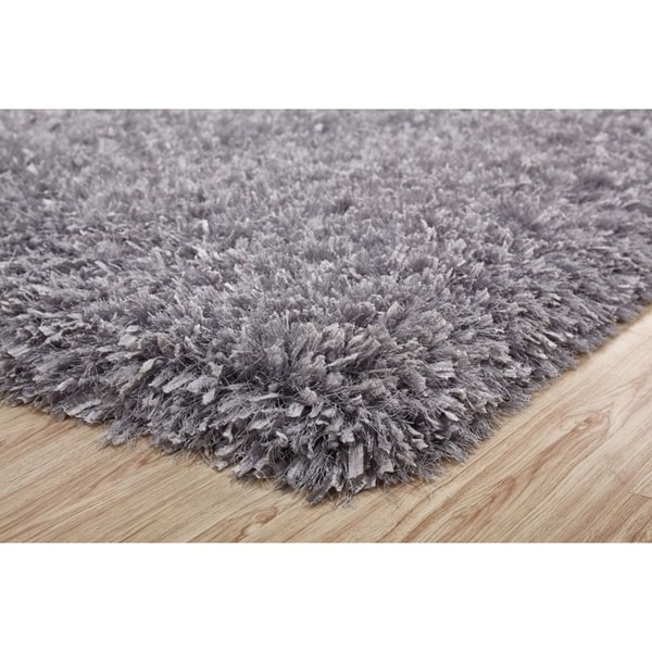 3-Inch Thick Silver Shag Rug, 3 Handmade type Yarns, Cotton Backing - 5' x 7'