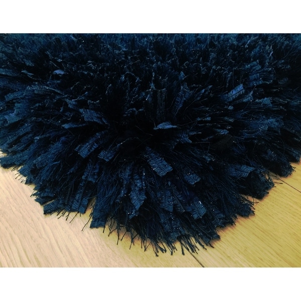 3-Inch Thick Navy Shag Rug, 3 Handmade type Yarns, Cotton Backing - 5' x 7'