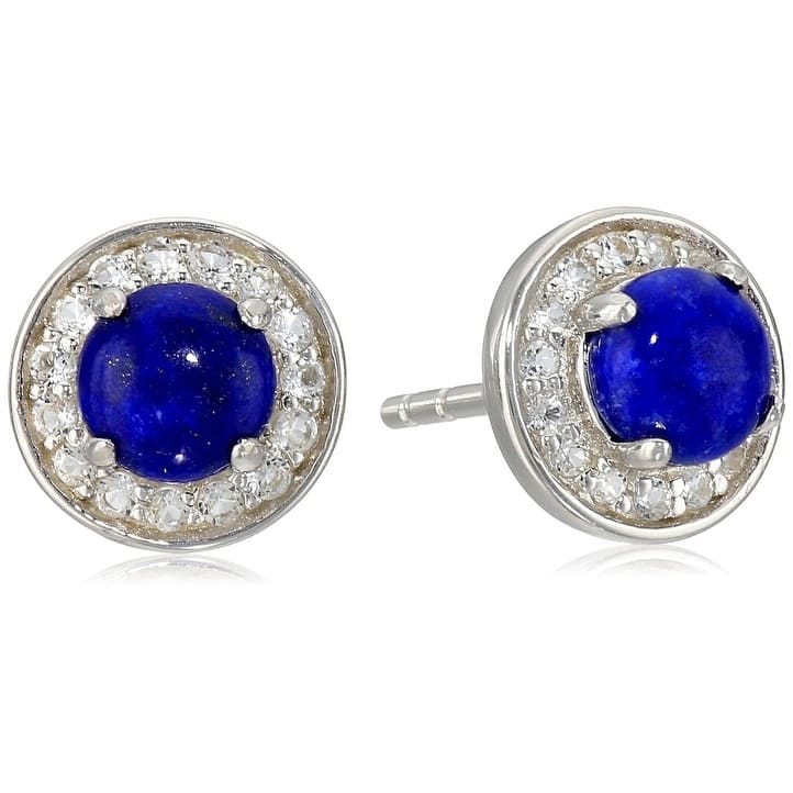 Sterling Silver Lapis Round Halo Stud Earrings - Blue