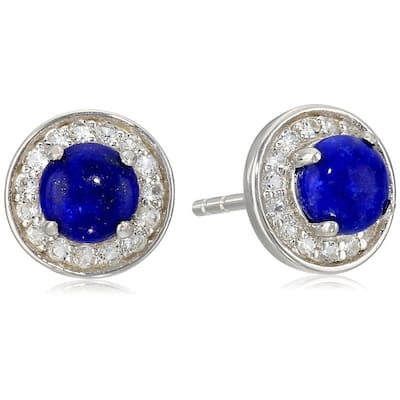 Sterling Silver Lapis Round Halo Stud Earrings - Blue