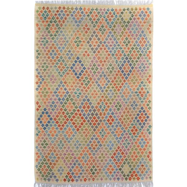 Hand-Woven Kilim Arya Alonzo Ivory/Blue Wool Rug (6'4 x 9'7) - 6 ft. 4 in. x 9 ft. 7 in.