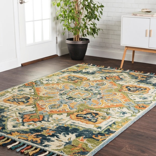 Hand-hooked Blue/ Green Medallion Wool Area Rug with Fringe - 9'3" x 13'