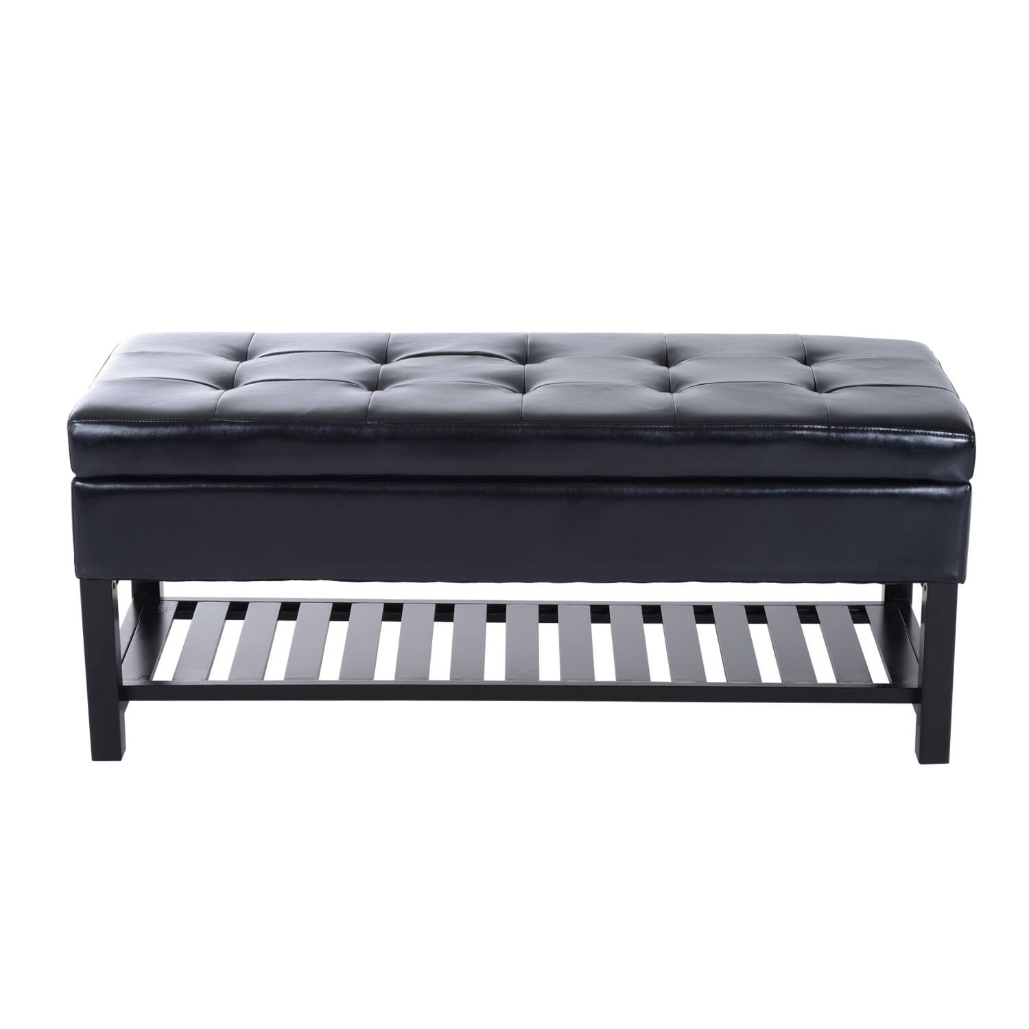 Porch & Den Westfield 44inch Black PU Leather Tufted Shoe Rack Ottoman