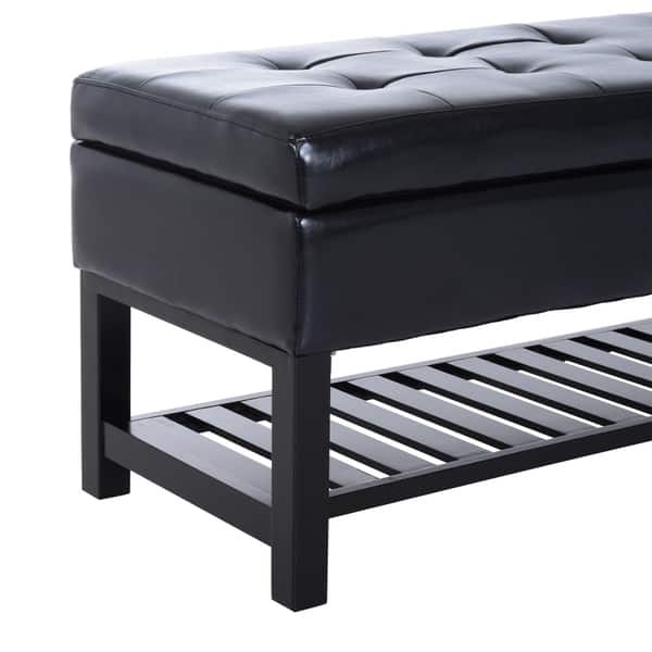 slide 3 of 7, Porch & Den Westfield 44-inch Black PU Leather Tufted Shoe Rack Ottoman Storage Bench Faux Leather - Black - Faux Leather