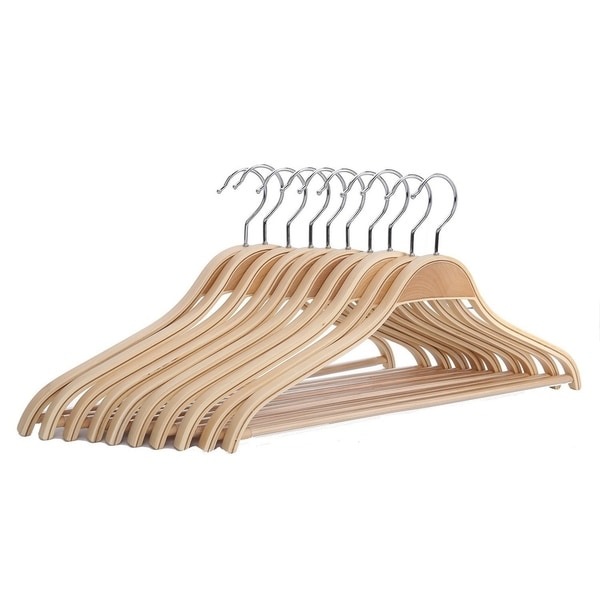J.S. Hanger Solid Natural Wooden Coat Shirt Hangers with Non-slip Pant Bar, 10-Pack