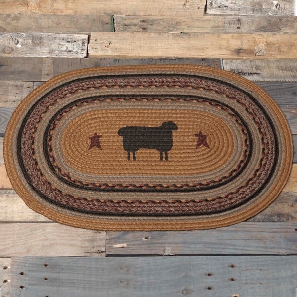 Yellow Primitive Flooring VHC Heritage Farms Sheep Rug Jute Nature Print Stenciled Oval - 1'8" x 2'6"