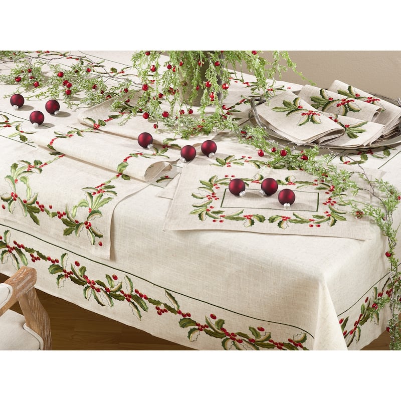 Embroidered Holiday Holly Linen Blend Napkin (Set of 4)