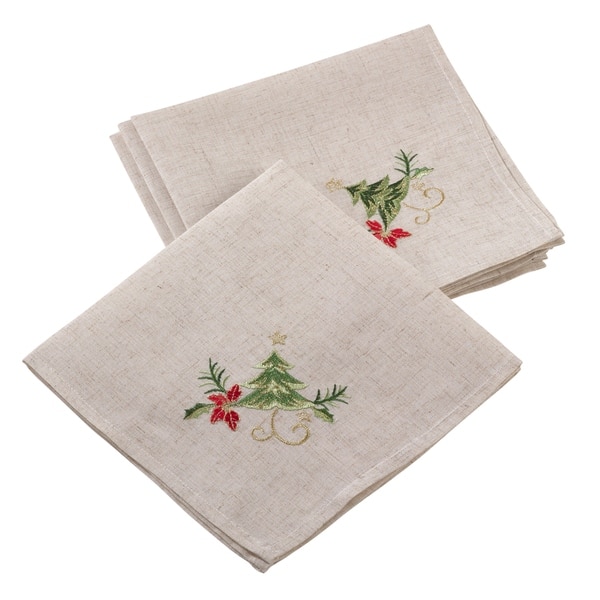Saro Lifestyle 1710.N20S Embroidered Christmas Tree Design Linen Blend Napkin - Set of 4, Natural, 20