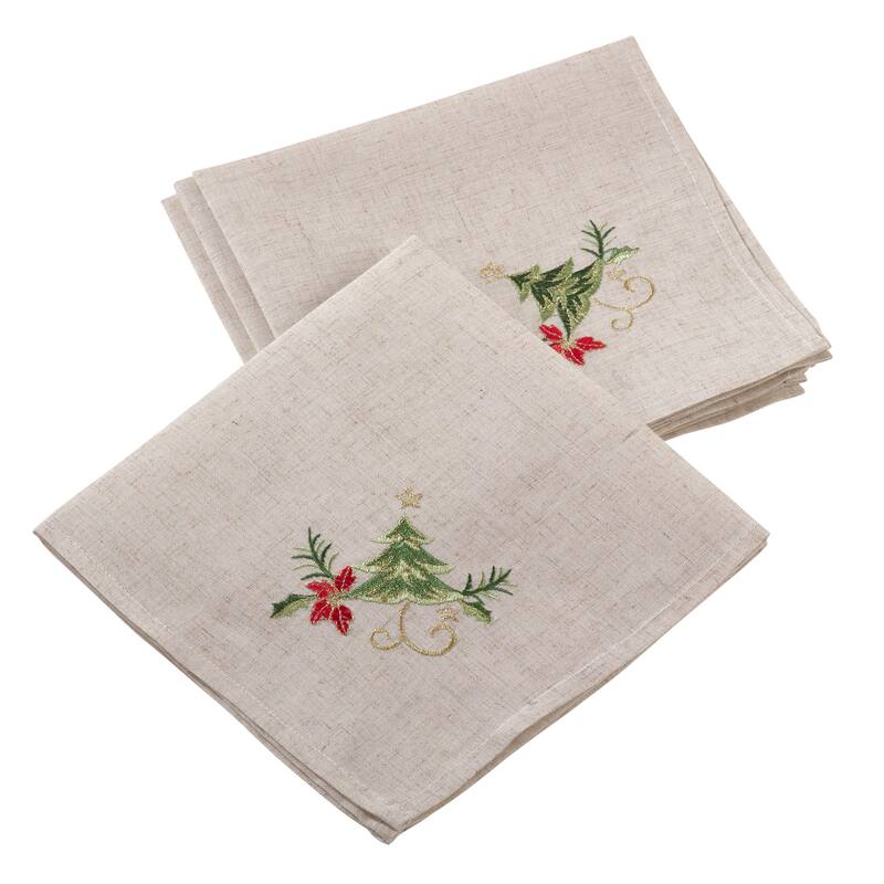 Embroidered Christmas Tree Design Holiday Linen Blend Napkin Set