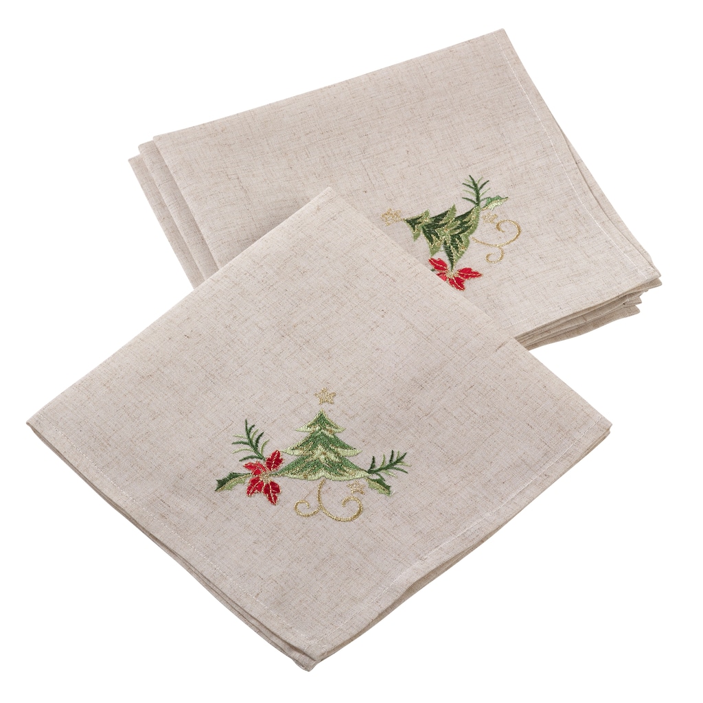 Embroidered Christmas Tree Design Holiday Linen Blend Napkin Set