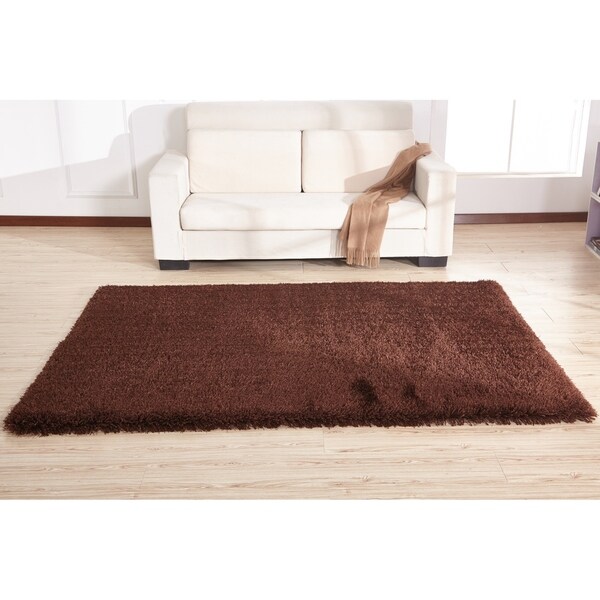 2-Inch Thickness Pile Hand Tufted Solid Brown Shag Area Rug - 5' x 7'