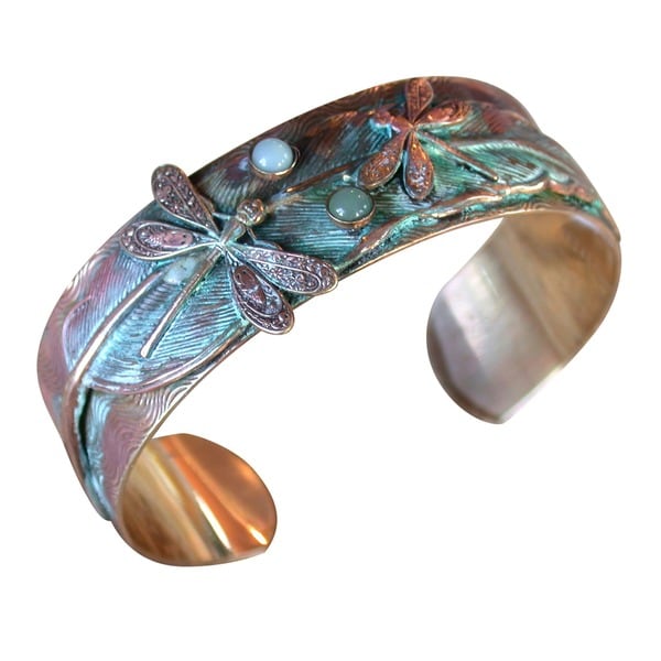 Handmade Patina Dragonflies on Feather Cuff - Amazonite, Jade (USA). Opens flyout.