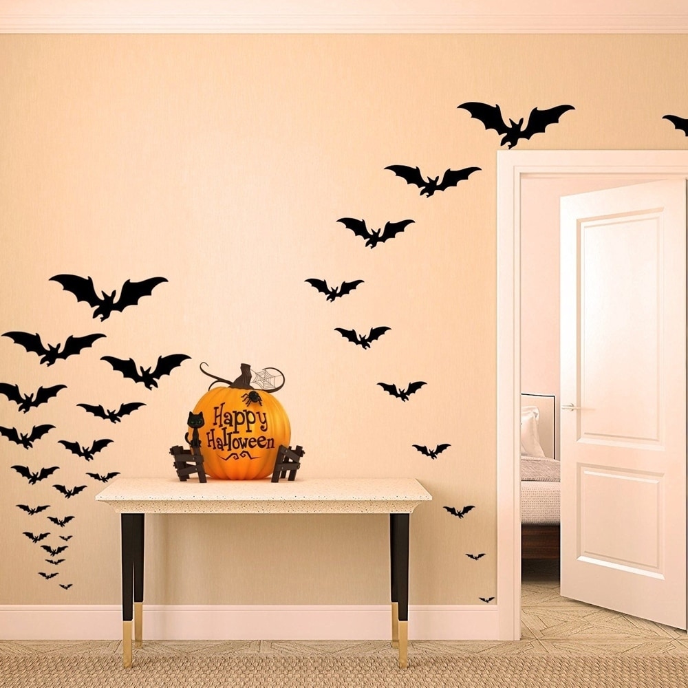 Shop Halloween Decor Spooky Matt Black Bats Set Of 66 Wall Vinyl