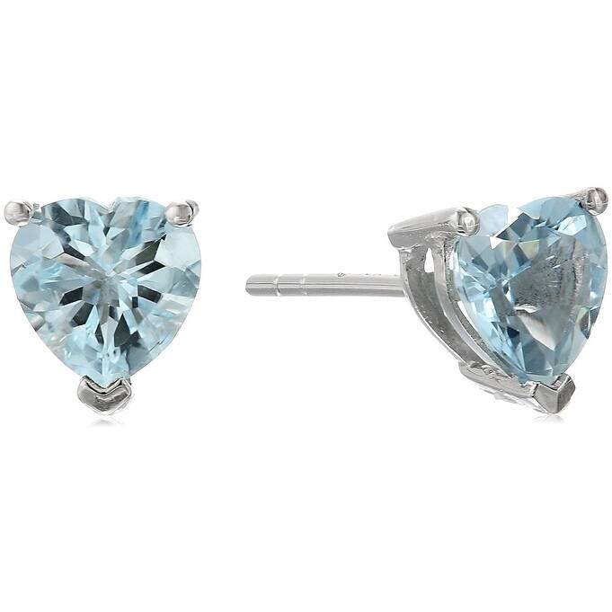 10k White Gold Aquamarine 6mm Heart Stud Earrings - Black