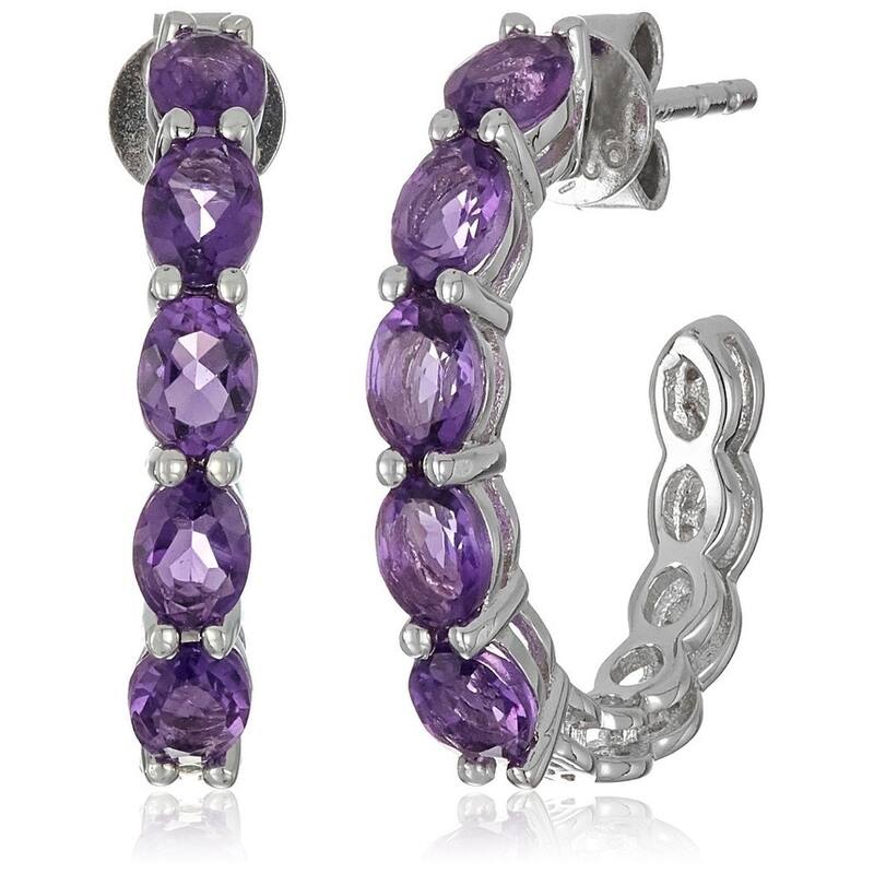 Sterling Silver African Amethyst Half Hoop Earrings, 0.75" - Purple