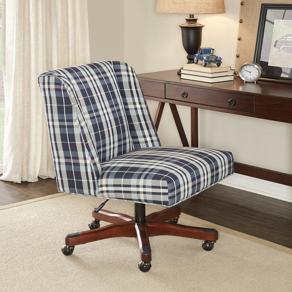 Cabot Office Chair Blue Plaid Dark Walnut Wood Base Ships Cabot Office Chair Blue Plaid Dark Walnut Wood Base
