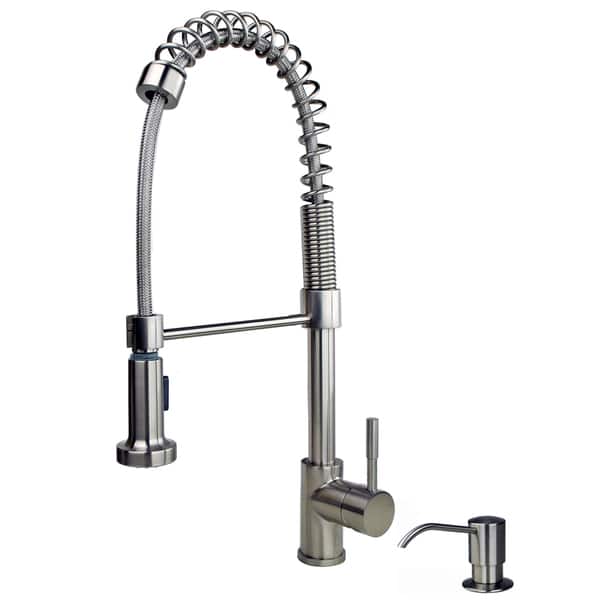 slide 2 of 2, Builders Shoppe 1131 Contemporary Single Handle 21" Spring Pull-Down Kitchen Faucet with Soap/Lotion Dispenser Stainless Steel Finish