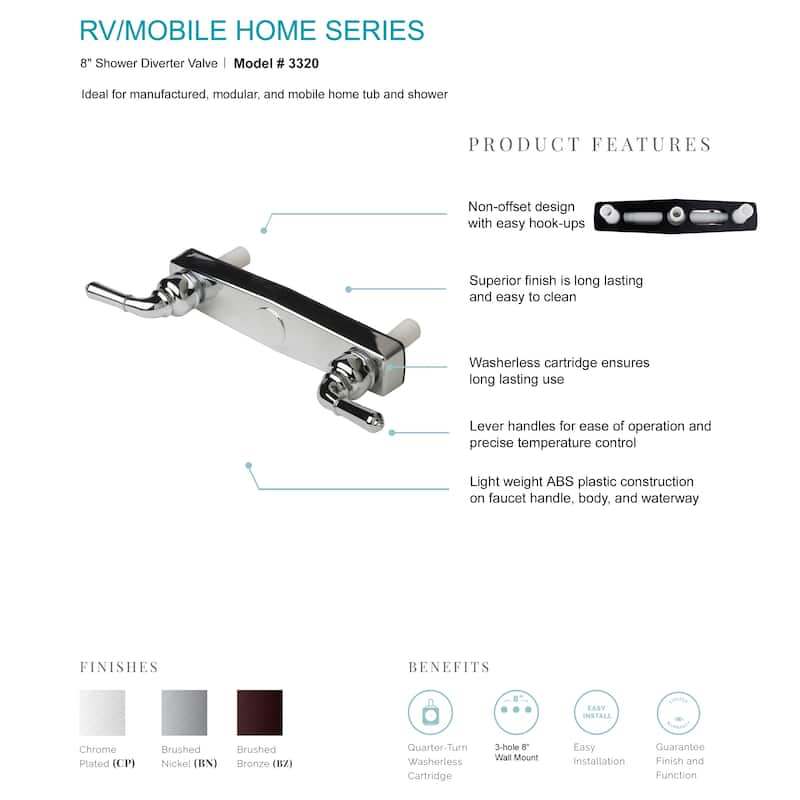 Two Handle Non-Metallic 8" Shower Faucet Valve for Manufactured, Modular, and Mobile Home