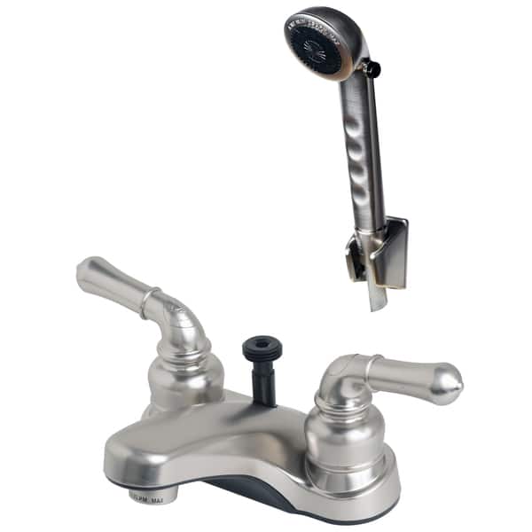 slide 2 of 3, Builders Shoppe RV/Motorhome Non-Metallic Diverter Lavatory Faucet with Matching Hand Held Shower Set Nickel Finish